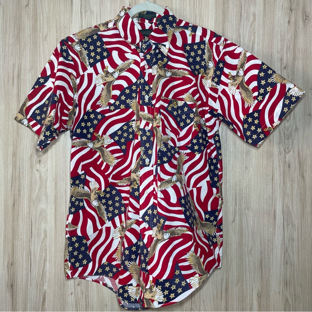 Vintage Flying Scotsman Mens Shirt M American Flag Eagles Patriotic 4th of July
